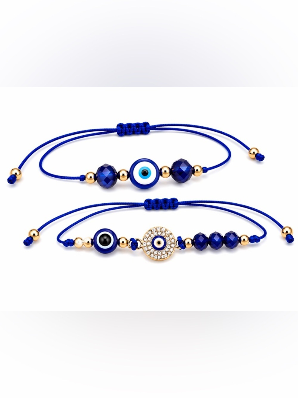 Cobalt Blue Evil Eye Adjustable Cord Bracelets Set Gold Tone Crystal Charm 2pcs - Picture 2 of 3